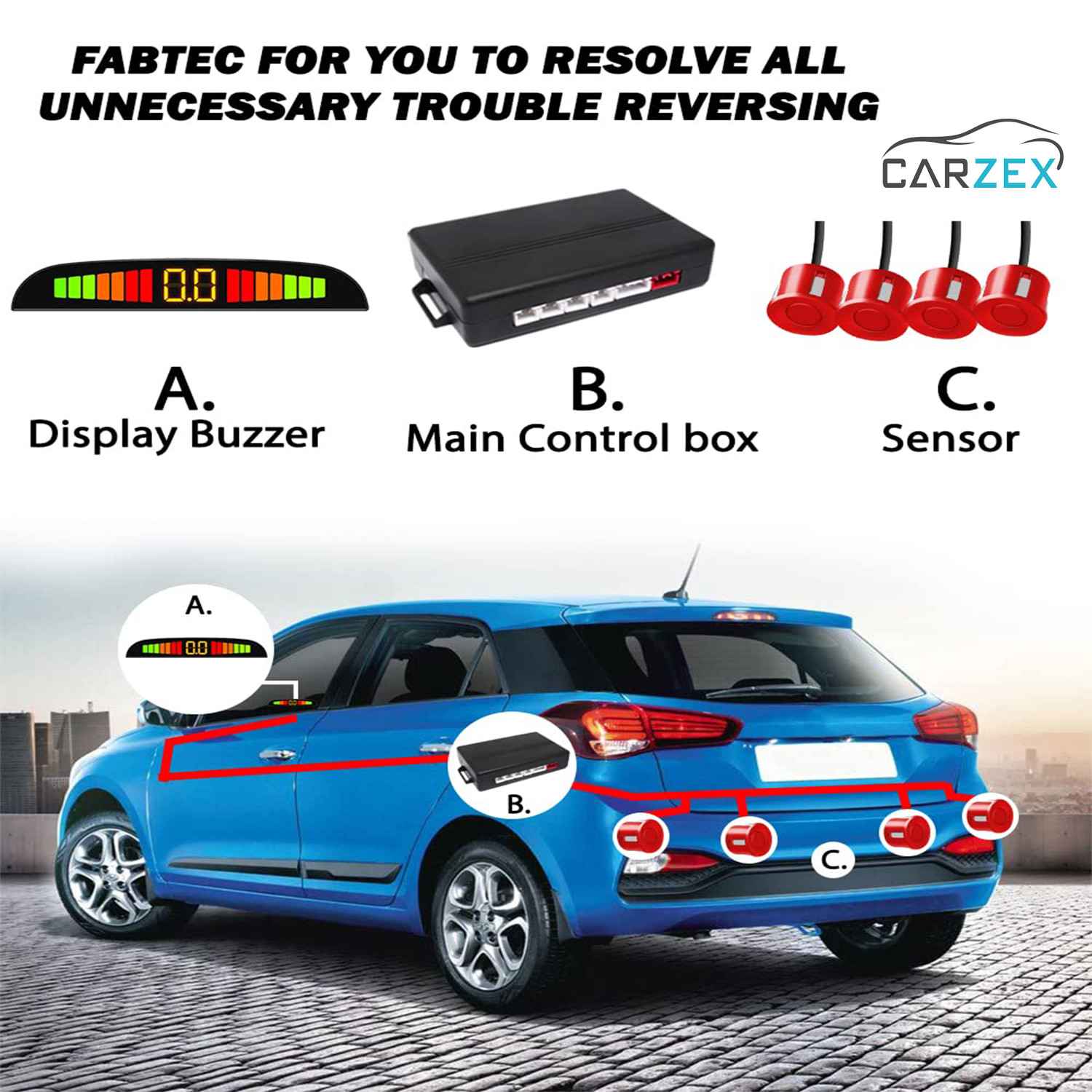 Carzex Car Reverse Parking Sensor with LED Display, Buzzer and Ultrasonic Reverse Parking Auto Radar Detectors (Red) 6 CZ-PARKING SENSOR-RED-6