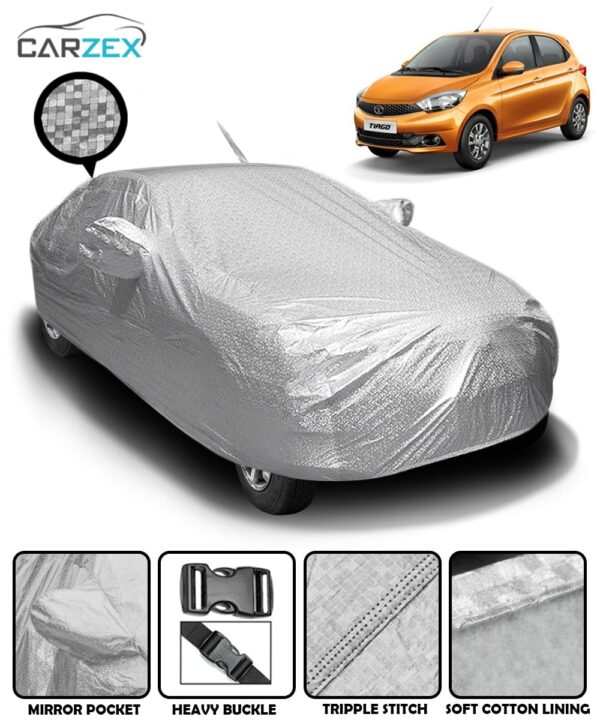 Carzex Waterproof & Heat Resistant Metallic Silver Car Body Cover with Soft Cotton Lining, Mirror & Antenna Pockets - Tata Tiago Carzex Waterproof & Heat Resistant Metallic Silver Car Body Cover with Soft Cotton Lining, Mirror & Antenna Pockets - Tata Tiago
