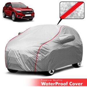 Carzex Waterproof & Heat Resistant Metallic Silver With Black Border Car Body Cover with Mirror Pockets For Kia Seltos