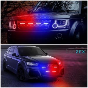 Carzex Car Grille 4 LED Red & Blue Daytime Running Light Emergency Warning Flasher Strobe Light for Cars with Remote (Set of 4)