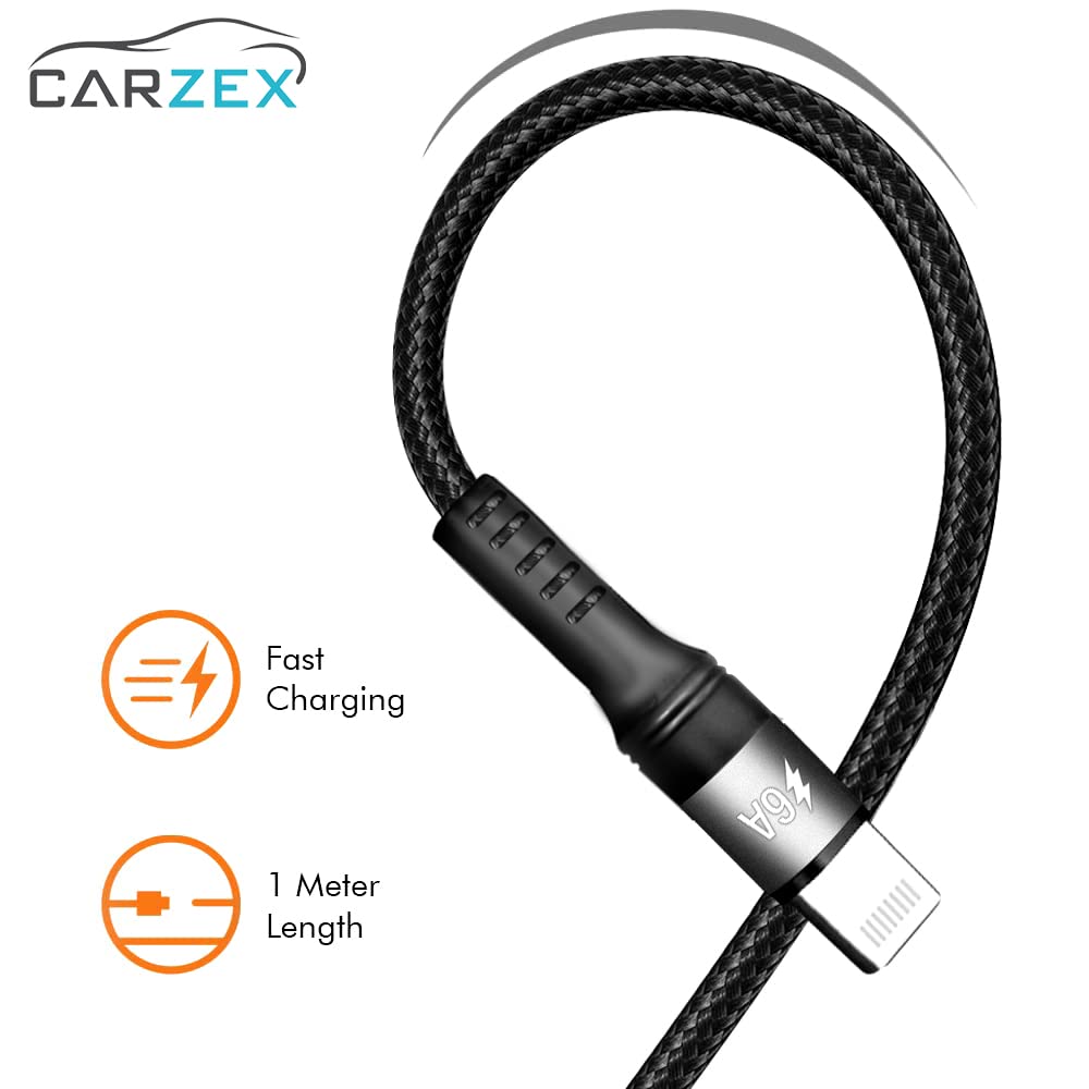 Carzex 36W Fast Charging Dual Port Smart Rapid Car Mobile Charger with 3 in 1 Nylong Braided Charging Cable (Matt Black) 5 5