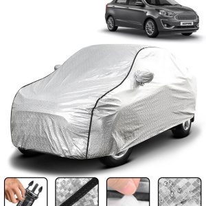 Carzex Waterproof & Heat Resistant Metallic Silver With Black Border Car Body Cover with Mirror Pockets For Ford Figo Aspire