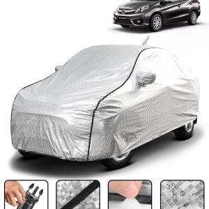 Carzex Waterproof & Heat Resistant Metallic Silver With Black Border Car Body Cover with Mirror & Antenna Pockets For Honda Amaze Old