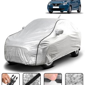 Carzex Waterproof & Heat Resistant Metallic Silver With Black Border Car Body Cover with Mirror & Antenna Pockets For Maruti Suzuki Baleno Old