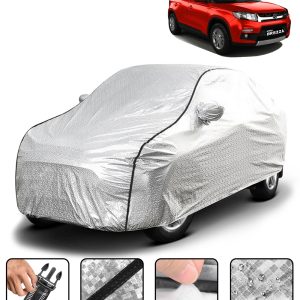 Carzex Waterproof & Heat Resistant Metallic Silver With Black Border Car Body Cover with Mirror Pockets For Maruti Suzuki Brezza