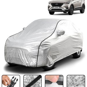 Carzex Waterproof & Heat Resistant Metallic Silver With Black Border Car Body Cover with Mirror Pockets For Hyundai Creta Old