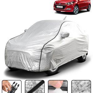 Carzex Waterproof & Heat Resistant Metallic Silver With Black Border Car Body Cover with Mirror & Antenna Pockets For Hyundai Elite I20 12-17