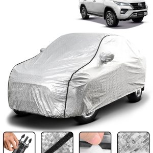 Carzex Waterproof & Heat Resistant Metallic Silver With Black Border Car Body Cover with Mirror Pockets For Toyota Fortuner New
