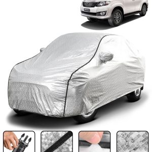 Carzex Waterproof & Heat Resistant Metallic Silver With Black Border Car Body Cover with Mirror Pockets For Toyota Fortuner Old