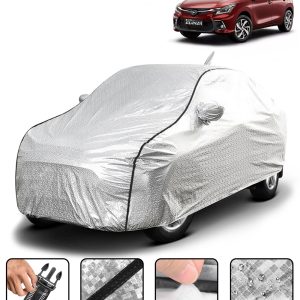 Carzex Waterproof & Heat Resistant Metallic Silver With Black Border Car Body Cover with Mirror & Antenna Pockets For Toyota Glanza New