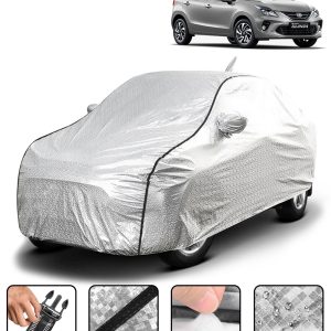 Carzex Waterproof & Heat Resistant Metallic Silver With Black Border Car Body Cover with Mirror & Antenna Pockets For Toyota Glanza Old