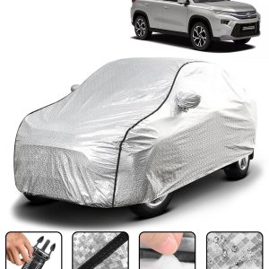 Carzex Waterproof & Heat Resistant Metallic Silver With Black Border Car Body Cover with Mirror Pockets For Toyota Hyryder