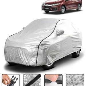Carzex Waterproof & Heat Resistant Metallic Silver With Black Border Car Body Cover with Mirror Pockets For Honda City 2014