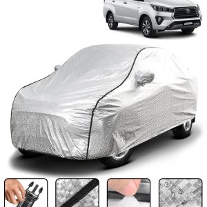 Carzex Waterproof & Heat Resistant Metallic Silver With Black Border Car Body Cover with Mirror Pockets For Toyota Innova Crysta
