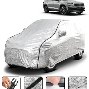 Carzex Waterproof & Heat Resistant Metallic Silver With Black Border Car Body Cover with Mirror Pockets For Skoda Kodiaq