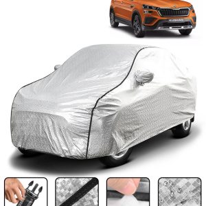 Carzex Waterproof & Heat Resistant Metallic Silver With Black Border Car Body Cover with Mirror & Antenna Pockets For Skoda Kushaq