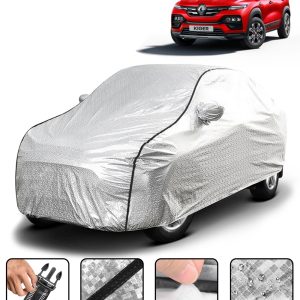 Carzex Waterproof & Heat Resistant Metallic Silver With Black Border Car Body Cover with Mirror Pockets For Renault Kiger