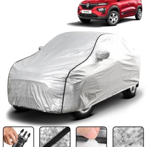 Carzex Waterproof & Heat Resistant Metallic Silver With Black Border Car Body Cover with Mirror Pockets For Renault Kwid New
