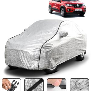 Carzex Waterproof & Heat Resistant Metallic Silver With Black Border Car Body Cover with Mirror Pockets For Renault Kwid Old