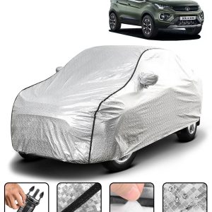 Carzex Waterproof & Heat Resistant Metallic Silver With Black Border Car Body Cover with Mirror Pockets For Tata Nexon