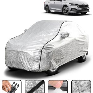 Carzex Waterproof & Heat Resistant Metallic Silver With Black Border Car Body Cover with Mirror Pockets For Skoda Octavia