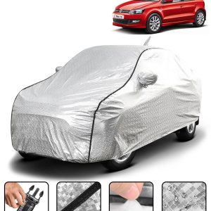 Carzex Waterproof & Heat Resistant Metallic Silver With Black Border Car Body Cover with Mirror & Antenna Pockets For Volkswagen Polo