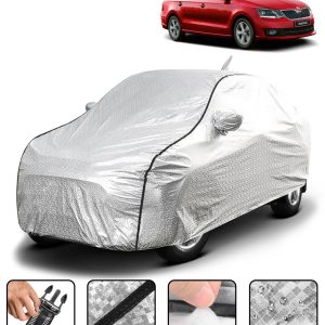 Carzex Waterproof & Heat Resistant Metallic Silver With Black Border Car Body Cover with Mirror & Antenna Pockets For Skoda Rapid New