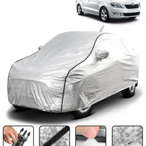 Carzex Waterproof & Heat Resistant Metallic Silver With Black Border Car Body Cover with Mirror & Antenna Pockets For Skoda Rapid Old