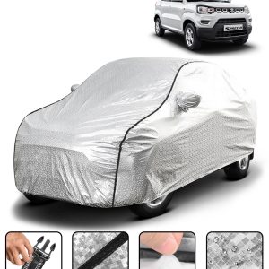 Carzex Waterproof & Heat Resistant Metallic Silver With Black Border Car Body Cover with Mirror Pockets For Maruti Suzuki S-Presso