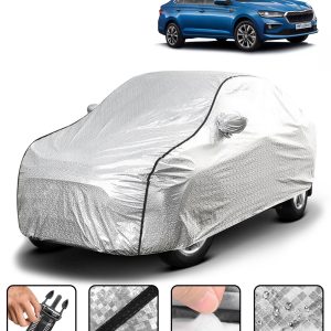 Carzex Waterproof & Heat Resistant Metallic Silver With Black Border Car Body Cover with Mirror Pockets For Skoda Slavia