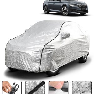 Carzex Waterproof & Heat Resistant Metallic Silver With Black Border Car Body Cover with Mirror Pockets For Skoda Superb
