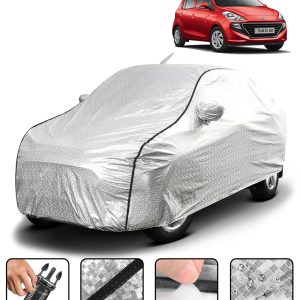 Carzex Waterproof & Heat Resistant Metallic Silver With Black Border Car Body Cover with Mirror & Antenna Pockets For Hyundai Santro 2019 New