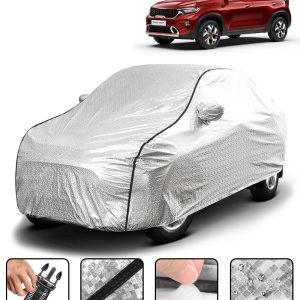 Carzex Waterproof & Heat Resistant Metallic Silver With Black Border Car Body Cover with Mirror Pockets For Kia Sonet