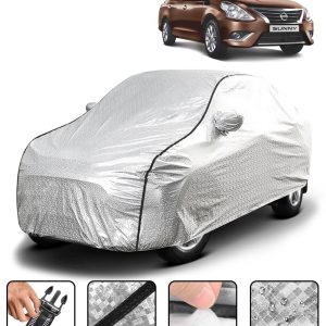 Carzex Waterproof & Heat Resistant Metallic Silver With Black Border Car Body Cover with Mirror Pockets For Nissan Sunny