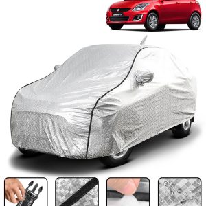 Carzex Waterproof & Heat Resistant Metallic Silver With Black Border Car Body Cover with Mirror & Antenna Pockets For Maruti Suzuki Swift 2012