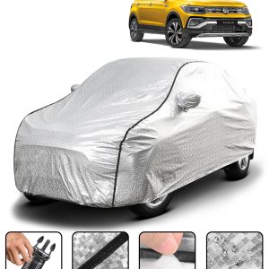 Carzex Waterproof & Heat Resistant Metallic Silver With Black Border Car Body Cover with Mirror & Antenna Pockets For Volkswagen Taigun