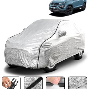 Carzex Waterproof & Heat Resistant Metallic Silver With Black Border Car Body Cover with Mirror Pockets For Tata Safari