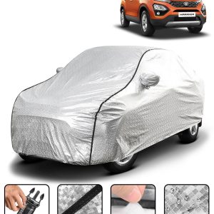 Carzex Waterproof & Heat Resistant Metallic Silver With Black Border Car Body Cover with Mirror Pockets For Tata Harrier