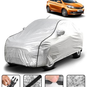 Carzex Waterproof & Heat Resistant Metallic Silver With Black Border Car Body Cover with Mirror & Antenna Pockets For Tata Tigor