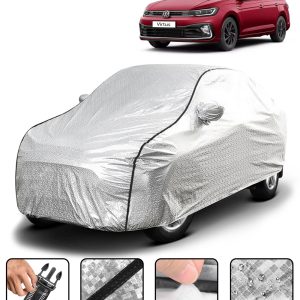 Carzex Waterproof & Heat Resistant Metallic Silver With Black Border Car Body Cover with Mirror Pockets For Volkswagen Virtus