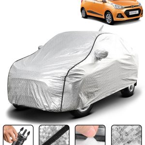 Carzex Waterproof & Heat Resistant Metallic Silver With Black Border Car Body Cover with Mirror & Antenna Pockets For Hyundai Grand I10