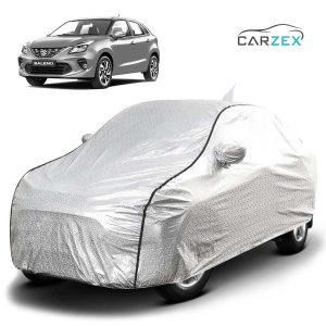 Carzex Waterproof & Heat Resistant Metallic Silver With Black Border Car Body Cover with Mirror & Antenna Pockets For Maruti Suzuki Baleno New