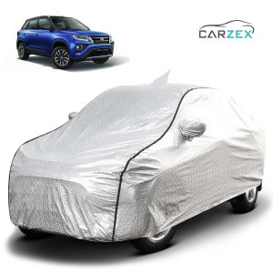 Carzex Waterproof & Heat Resistant Metallic Silver With Black Border Car Body Cover with Mirror & Antenna Pockets For Toyota Urban Cruiser