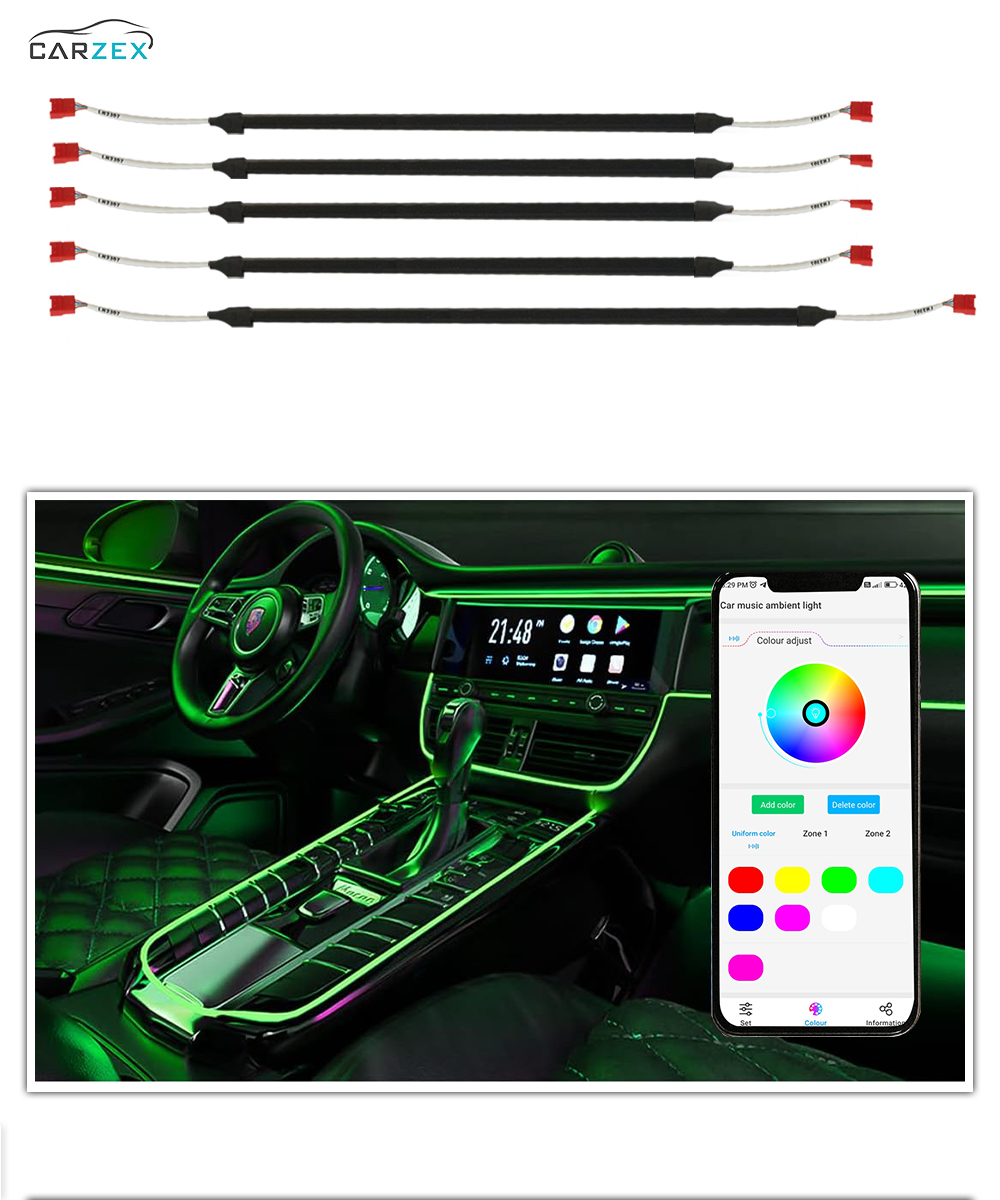 Carzex Multi Color Interior Ambient Atmosphere Light for Dashboard & 4 Doors (App Controlled, Colorful, Set of 6) 2 2