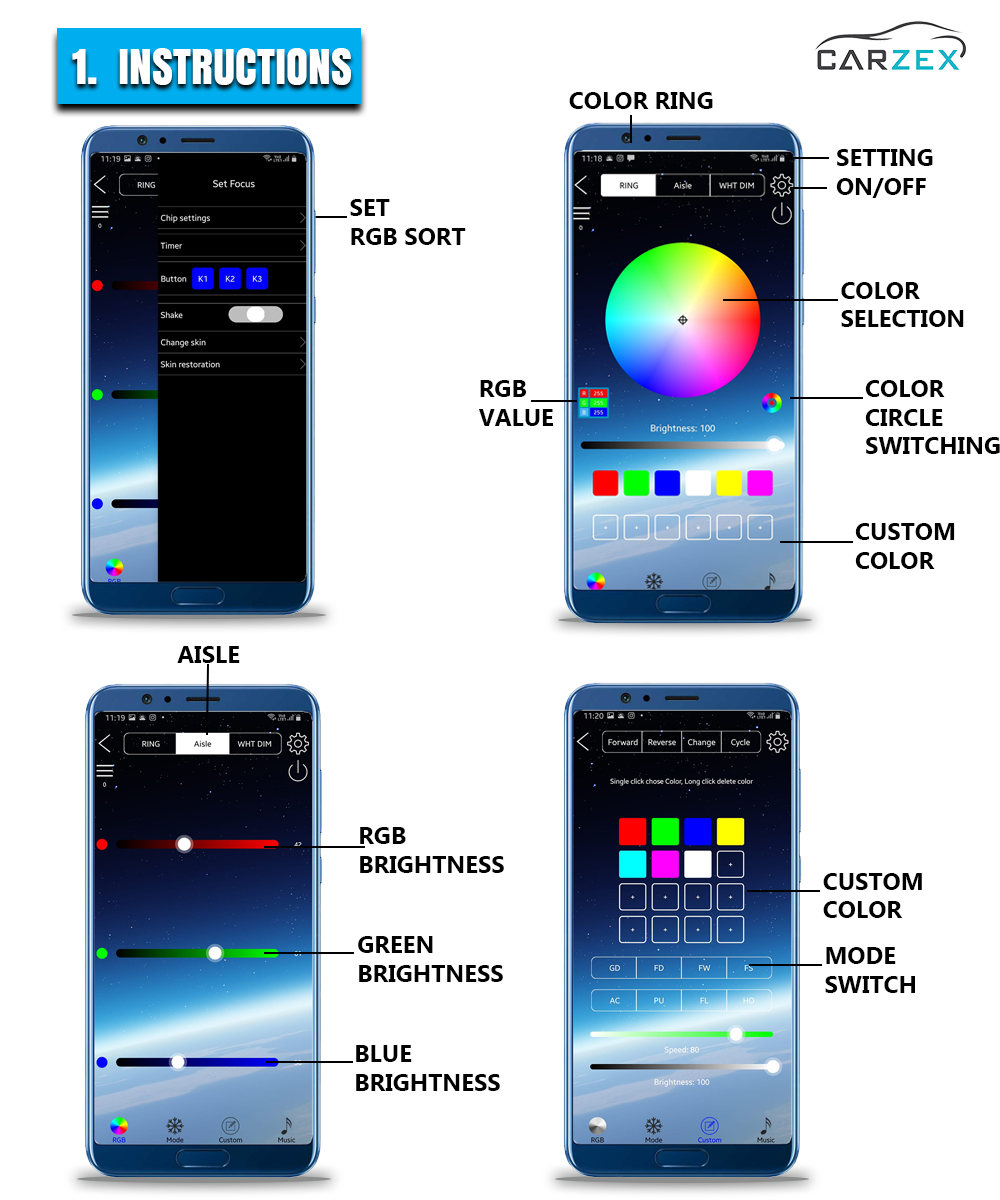 Carzex Multi Color Matrix Interior Ambient K4 Running Magic Atmosphere Light for Car Dashboard (App Controlled), (110cm & 25cm) 7 1. INSTRUCTION