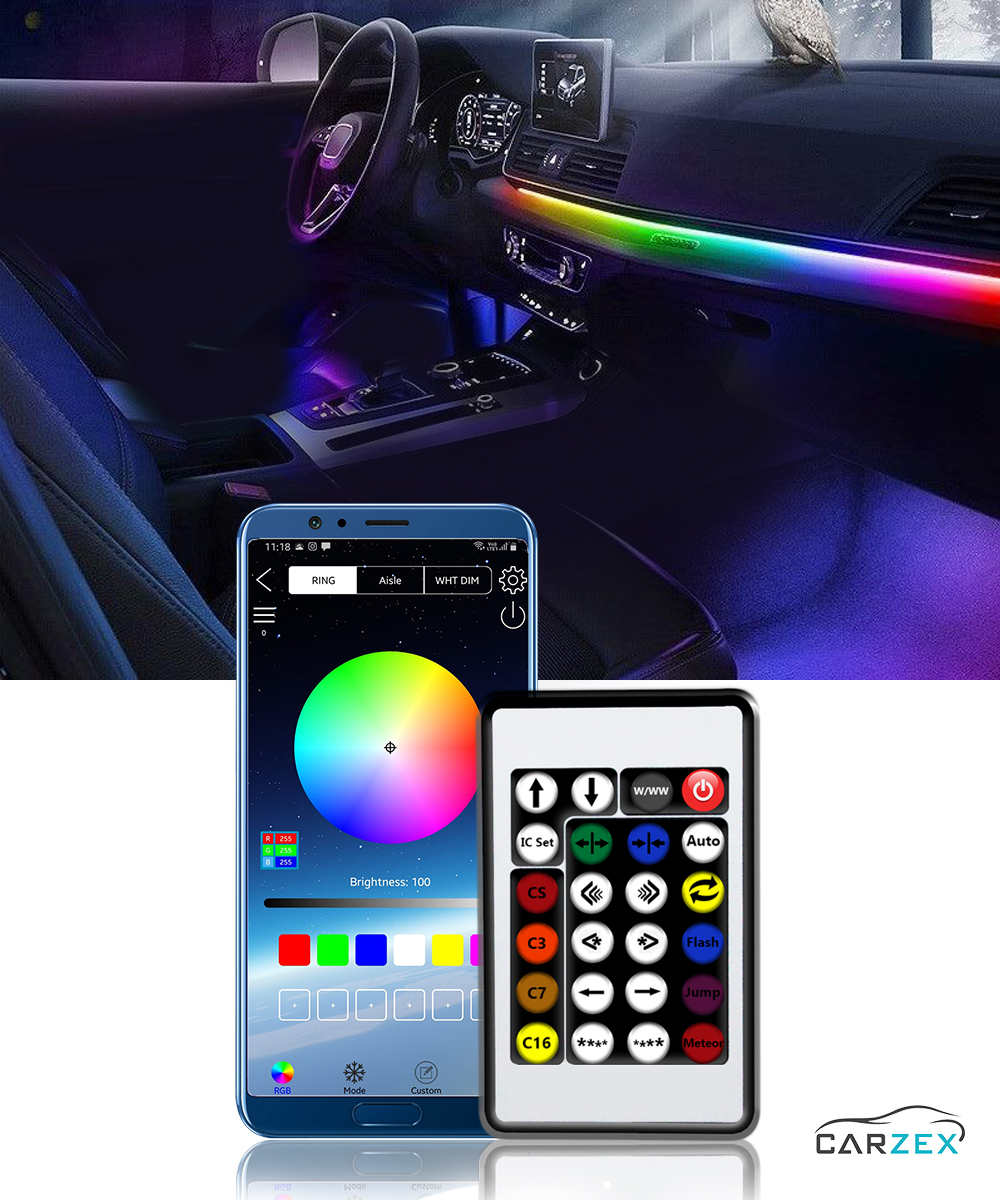 Carzex Multi Color Matrix Interior Ambient K4 Running Magic Atmosphere Light for Car Dashboard (App Controlled), (110cm & 25cm) 5 MOBILE & REMOTE