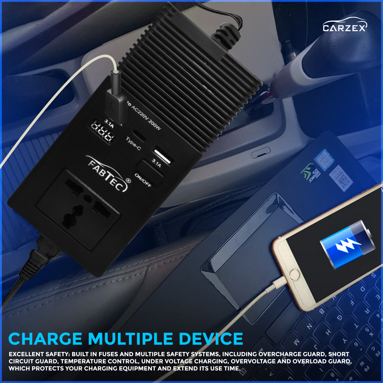 Carzex 200W Car Power Inverter/Laptop Charger with 2 USB(3.1A Max) + 1 C Type Smart USB Charging Ports with LED Digital Display, 12V DC to 220V AC, 2X Universal AC Outlet, Black, 3 3