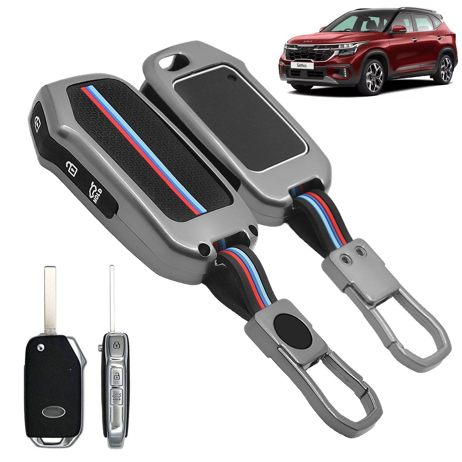 CARZEX Car Key Cover Compatible with Seltos 2023 2024 | Carens| Sonet | Facelift HTX | Carens X Line Metal Silicone TPU Protective Shell with 3 Smart Flip Button (Black) 62 1 10