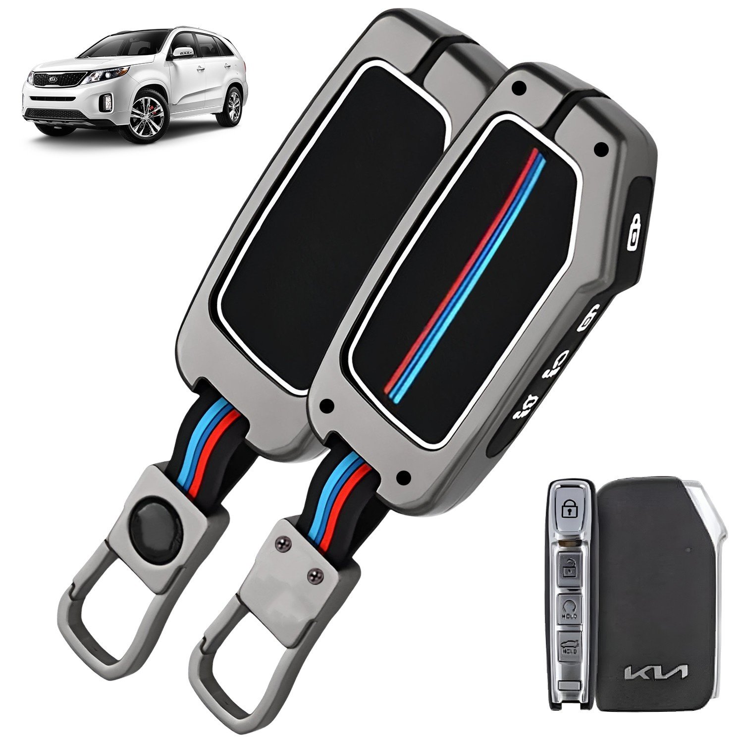 CARZEX Premium car Key Cover Compatible with Kia Seltos 2024-2023 Facelift HTX | Carens Clavis X Line | Sonet Facelift | Metal Silicone TPU Protective Shell with 4 Smart Flip Button (Black) 67 1 15