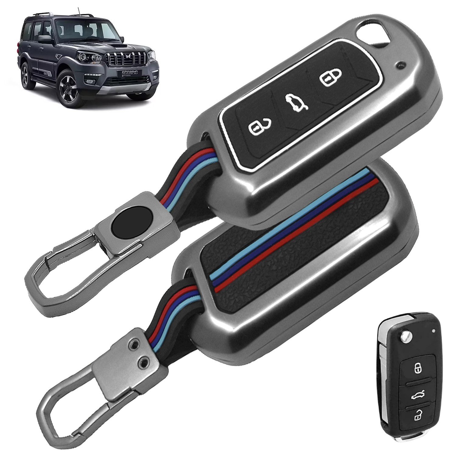 CARZEX Car Key Cover Compatible with Mahindra Scorpio N | 3XO | XUV 300 | Bolero | TUV 300 | XUV 700 | XUV 400 | Thar | Roxx | 3 Smart Button Metal Silicone TPU Protective Shell with Keychain (Black) 70 1 2